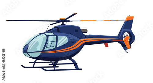 A dark blue helicopter with bright orange stripes and landing skids is depicted from its front-left side against a clean white background.