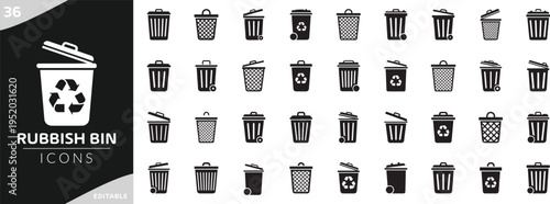 Rubbish bin icon set with trash garbage waste disposal and recycle container symbols collection. Dustbin, bucket, and container symbols. Rubbish disposal vector illustration. Trash Bin Icon Set