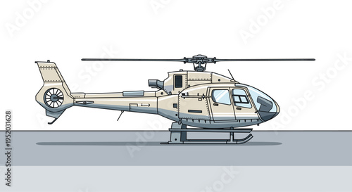 A light beige helicopter with visible landing skids is depicted from its left side, resting on a subtle grey ground against a plain white background.
