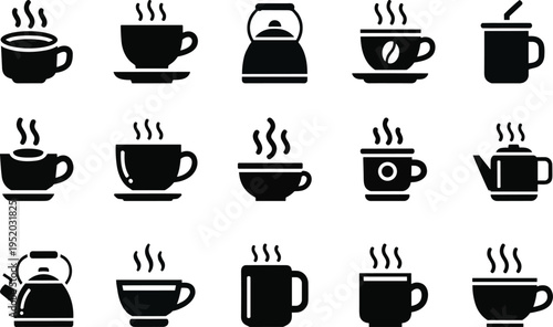 Steaming coffee cups icon set. Bowl design vector grip icon. Coffee cup and mug silhouette icon set. Vector collection of hot drink symbols with steam