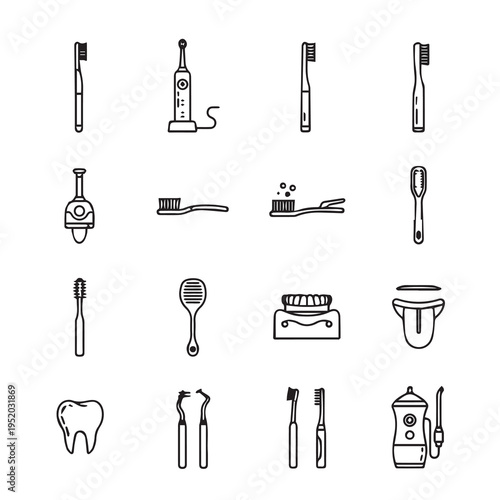 Dental Hygiene Icons: Toothbrushes Tongue Scraper Water Flosser Tooth Outline