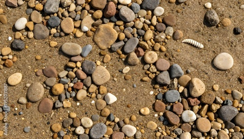 Close-up overhead view of smooth, colorful pebbles and sand on a beach