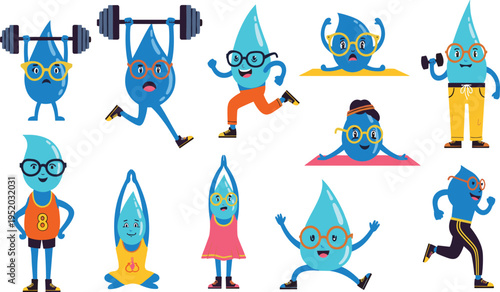 A Set of Cute Water Droplet Characters Exercising and Staying Fit, Perfect for Health and Wellness Themes