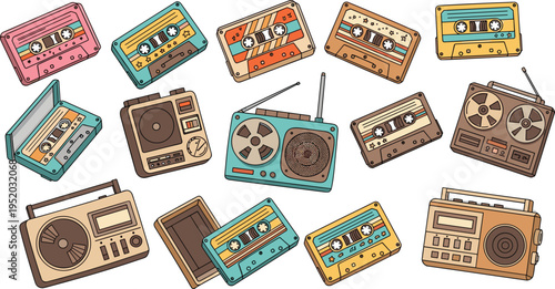 A Set of Retro Music Players and Cassette Tapes in Colorful Designs for Vintage and Music Themes