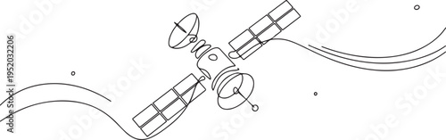 Continuous line drawing of an outer space satellite, showing simple orbit communication. Minimal outline style. One line draw graphic design vector