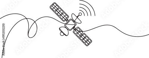 Continuous line drawing of an outer space satellite, showing simple orbit communication. Minimal outline style. One line draw graphic design vector