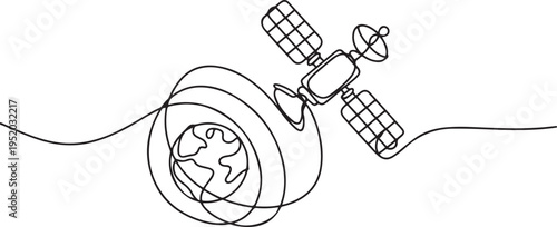 Continuous line drawing of an outer space satellite, showing simple orbit communication. Minimal outline style. One line draw graphic design vector