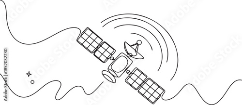 Continuous line drawing of an outer space satellite, showing simple orbit communication. Minimal outline style. One line draw graphic design vector