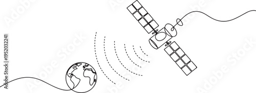 Continuous line drawing of an outer space satellite, showing simple orbit communication. Minimal outline style. One line draw graphic design vector