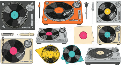 A Set of Colorful Turntables and Vinyl Records for Music Lovers, DJs, and Retro Audio Designs