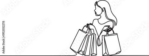 continuous line of young woman holding paper bags. One line draw graphic design vector