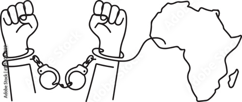 Continuous one line drawing 2 clenched hands with broken handcuffs and the African continent. Commemoration. Unity of the people. African Liberation Day. One line draw graphic design vector