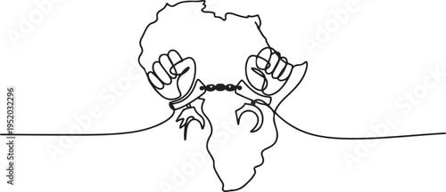 Continuous one line drawing 2 clenched hands with broken handcuffs and the African continent. Commemoration. Unity of the people. African Liberation Day. One line draw graphic design vector