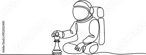 Continuous one line drawing of young astronaut sitting and moving forward chess king piece. Tactic and strategy in space company. One line draw graphic design vector
