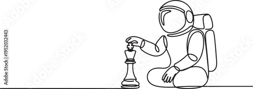 Continuous one line drawing of young astronaut sitting and moving forward chess king piece. Tactic and strategy in space company. One line draw graphic design vector