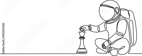 Continuous one line drawing of young astronaut sitting and moving forward chess king piece. Tactic and strategy in space company. One line draw graphic design vector