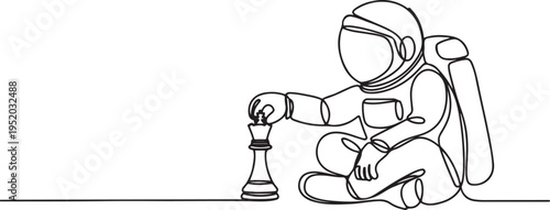 Continuous one line drawing of young astronaut sitting and moving forward chess king piece. Tactic and strategy in space company. One line draw graphic design vector