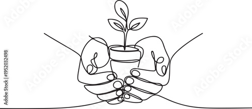 Continuous one line drawing palm hand holding together a green young plant, Hand holding plant's pot. One line draw graphic design vector