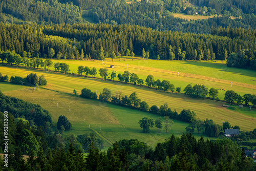 Sunset light hitting golden fields and rolling green hills in Czech Republic