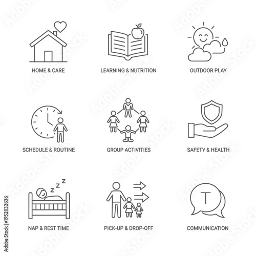 Set of Icons Representing Childcare Services and Activities.