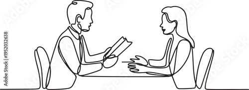 Job interview. Vector simple composition of one continuous line depicting a recruiter and a candidate. One line draw graphic design vector