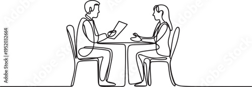 Job interview. Vector simple composition of one continuous line depicting a recruiter and a candidate. One line draw graphic design vector