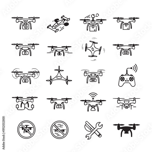 Drone Icons Collection: Various Quadcopters Remote Control and Symbols