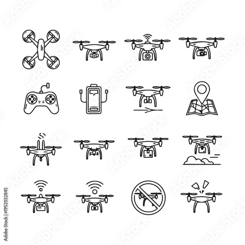 Drone Icons Set with Controller Battery Map and DeliveryLine Art