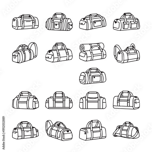 Duffel Bags Collection Line Art Icons Set Travel Luggage Accessories Vector Illustration