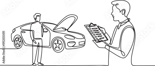 Single one line drawing Mechanic show the car checking list for customer. Auto service concept. One line draw graphic design vector