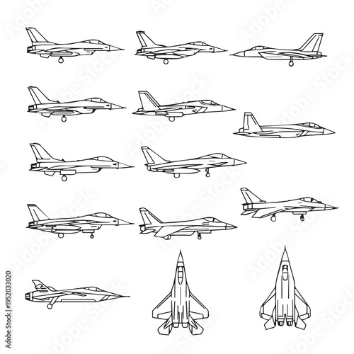 Collection of Military Jet Fighter Aircraft Line Drawings Side and Front Views Stock Illustration
