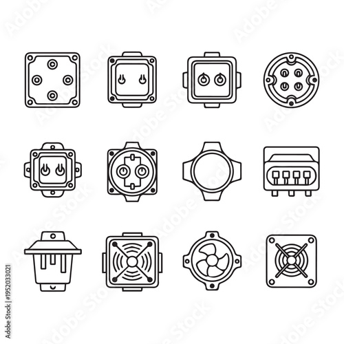Electrical Connectors and Components Icons SetLine Art Technology