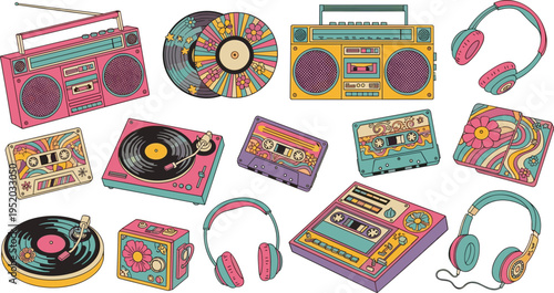A Set of Retro Music Icons Featuring Boomboxes, Vinyl Records, Cassette Tapes, and Headphones for Vintage Music Designs