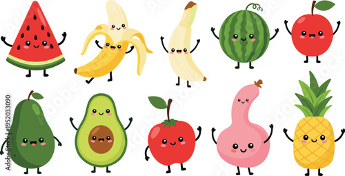 A Set of Cute and Colorful Fruit Characters Including Watermelon, Banana, Avocado, and Pineapple for Fun Food Designs