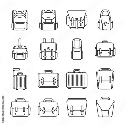 Collection of Backpacks and Suitcases Line Art IconsVarious Styles