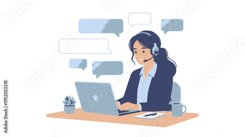 Customer support representative working on laptop with headset and speech bubbles around