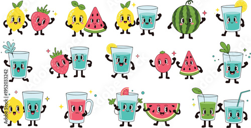 A Fun Set of Fruit Characters with Drinks Including Lemon, Watermelon, and Strawberry, Perfect for Summer Themes