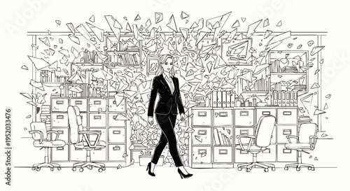 Confident businesswoman walks through a chaotic, shattering office environment, symbolizing resilience and overcoming challenges.