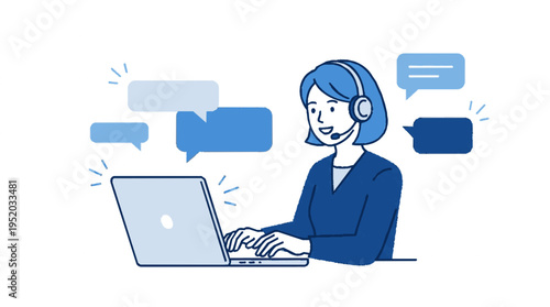 Female call center agent wearing headset working on laptop with chat bubbles