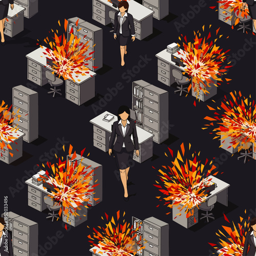 Workplace chaos and stress concept: seamless isometric pattern with businesswomen walking through an office where desks are exploding.