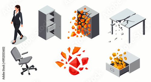Businesswoman Walking Past Office Furniture Breaking Apart, Symbolizing Stress and Burnout