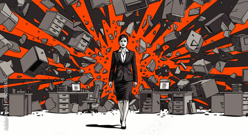 Businesswoman stands calmly amidst exploding office, symbolizing stress, chaos, and resilience.