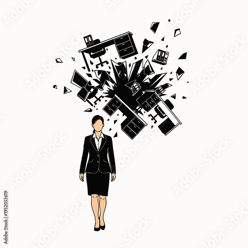 Businesswoman overwhelmed by exploding office furniture and technology, symbolizing stress and chaos