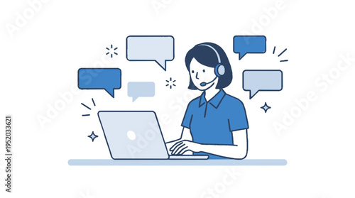 Female call center agent wearing headset working on laptop with speech bubbles around her