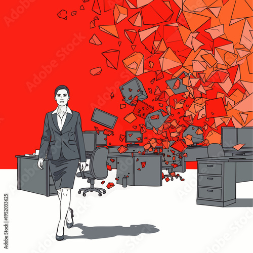 Businesswoman walks away from exploding office, symbolizing stress, burnout, or career change.
