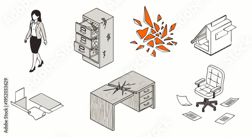 Business stress and chaos: woman, broken office furniture, exploding desk, scattered papers, damaged filing cabinet