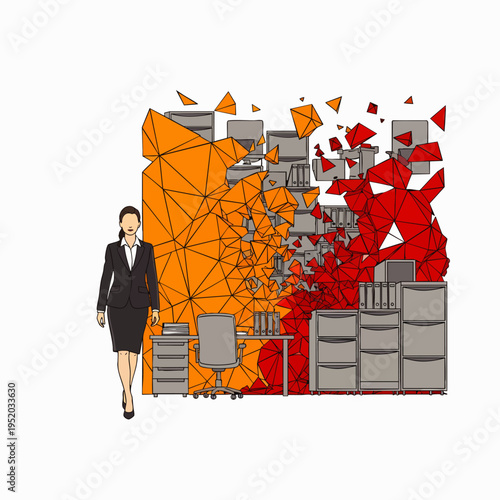 Businesswoman walks past exploding office furniture and abstract geometric shapes, symbolizing chaos and destruction.