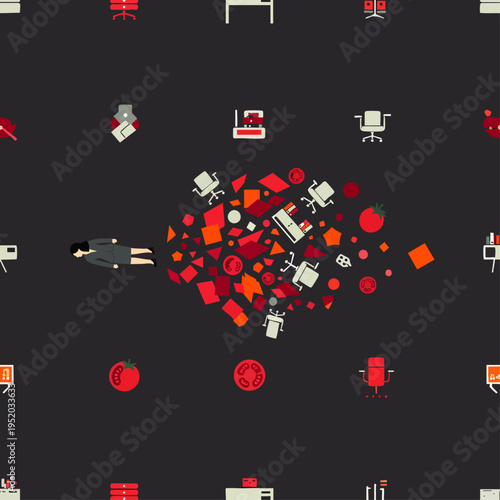 Businessman flying into a chaotic explosion of office supplies and abstract shapes, representing a breakdown of order