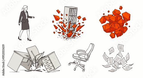 Business woman walking away from office chaos: destroyed furniture, falling papers, and shattered cabinets