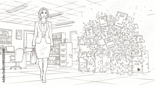 Confident businesswoman walks past a huge pile of paper and files in an office, symbolizing overwhelming workload.